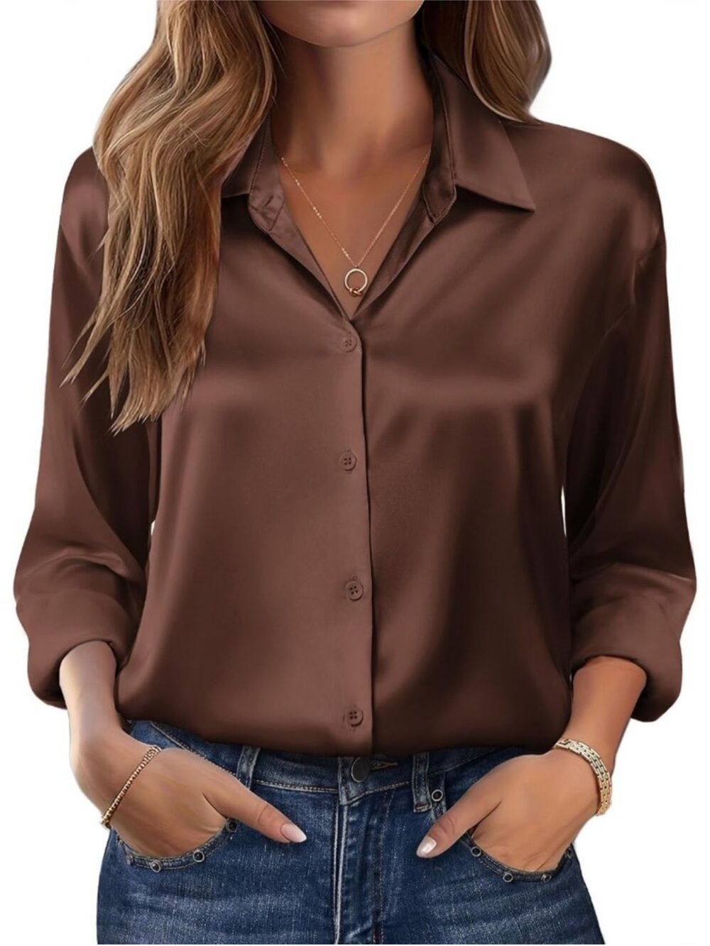 Women's Brown Long Sleeve Satin Silk Button Down Casual Blouses Top T-Shirt